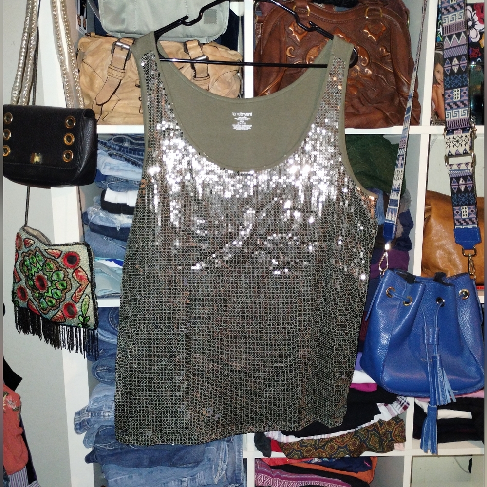 Lane Bryant 22/24 Metallic Sequin Tank Top Green And Silver